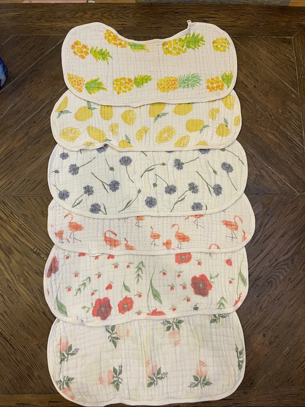 Assorted Printed Muslin Burp Cloths - Pineapple, Lemon, Floral, Flamingo